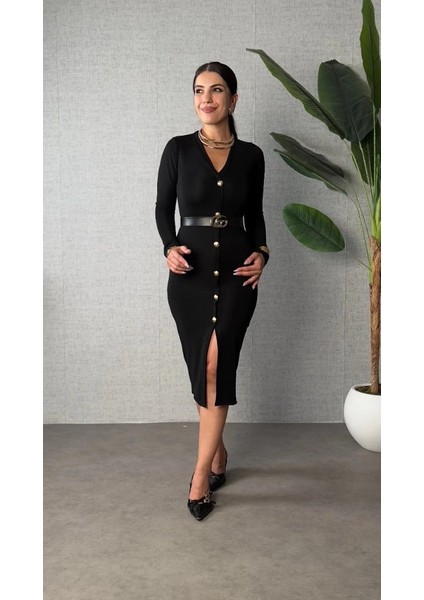 Mdb Kadın Uzun Kollu V Yakalı Önden Düğmeli Yırtmaçlı Modal Midi Kemersiz Elbise