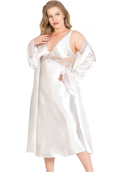 Büyük Beden Ekru Uzun Ikili Saten Sabahlık Gecelik Takımı fiyatları