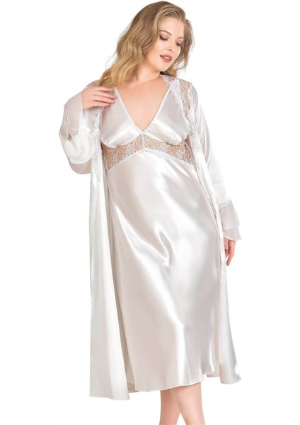 Büyük Beden Ekru Uzun Ikili Saten Sabahlık Gecelik Takımı