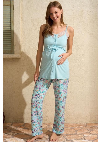 Ip Askılı V Yaka Kadın Çiçek Desenli Yazlık Dantel Detaylı Hamile Pijama Takımı Sabahlık fiyatları
