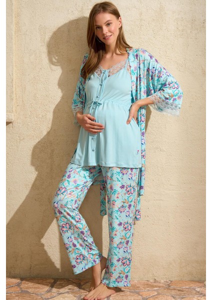 Ip Askılı V Yaka Kadın Çiçek Desenli Yazlık Dantel Detaylı Hamile Pijama Takımı Sabahlık modelleri