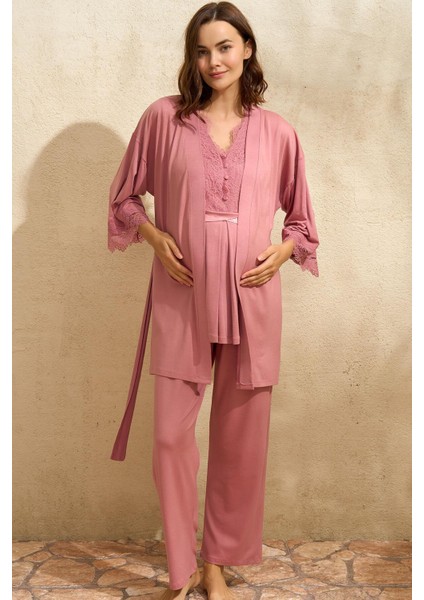 Sıfır Kol V Yaka Kadın Viskon Düz Yazlık Uzun Dantel Detaylı Hamile Pijama Takımı Sabahlık modelleri