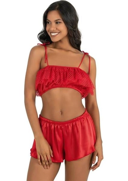 Kırmızı Saten Şort Takımı 9206