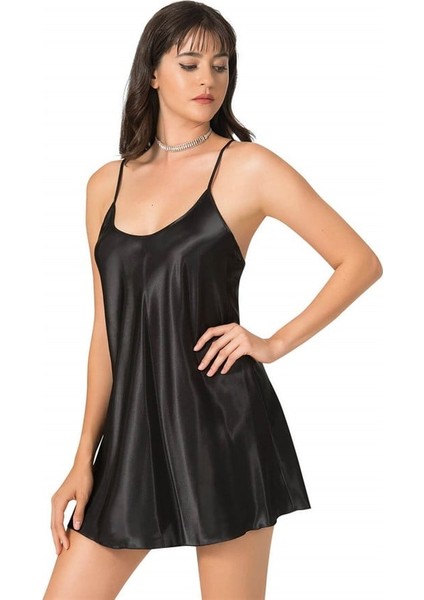 Siyah Kısa Saten Gecelik