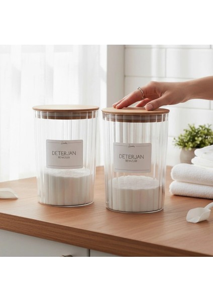 Ahşap Kapaklı Oval Çizgili Deterjan Renkliler ve Deterjan Beyazlar Kavanozu 2200ML fırsatları