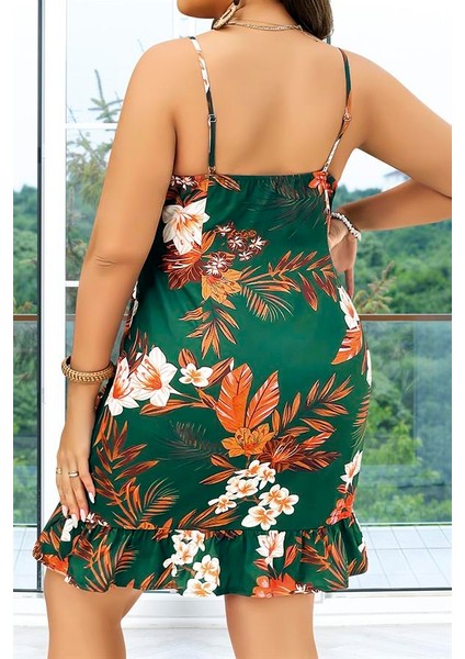 Büyük Beden Yeşil Üstüne Çiçek Desenli Ince Askılı Fırfırlı Gecelik fırsatları