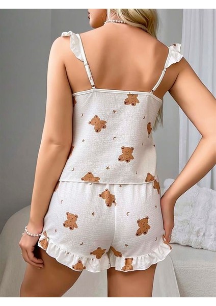 Pamuklu Ayıcık Desen Fırfırlı Askılı Şortlu Pijama Takımı