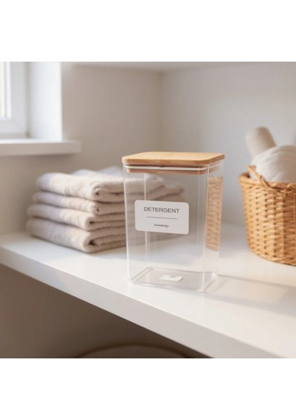 Zeze Design Ahşap Kapaklı Suya Dayanıklı Beyaz Deterjan Kutusu – Minimalist Etiketli, Modern ve Kolay Temizlenir