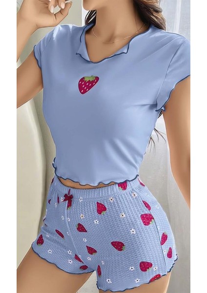 Çilek Desenli Mavi Seksi Pijama Takım