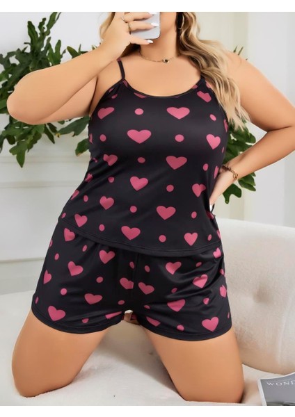 Büyük Beden Siyah Kalp Desen Ince Askılı Pamuklu Şortlu Pijama Takımı