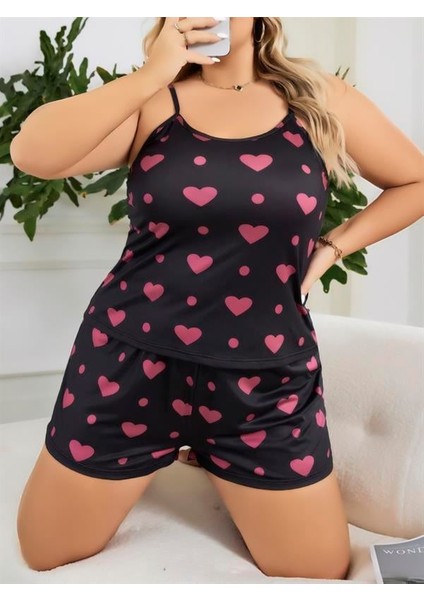 Büyük Beden Siyah Kalp Desen Ince Askılı Pamuklu Şortlu Pijama Takımı fırsatları