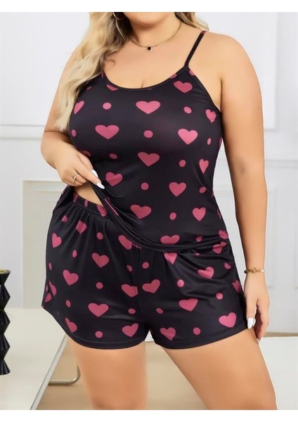 Büyük Beden Siyah Kalp Desen Ince Askılı Pamuklu Şortlu Pijama Takımı indirimleri