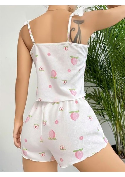 Pamuklu Beyaz Üstüne Çiçek Desen Fırfır Askılı Şortlu Pijama Takımı