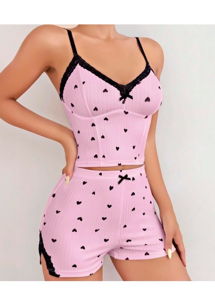 Pembe Kalp Desenli Askılı Şortlu Pijama Takım
