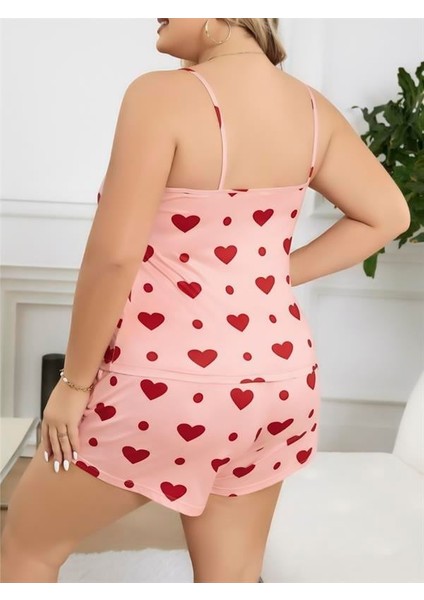 Büyük Beden Pembe Kalp Desen Pamuklu Şortlu Pijama Takımı