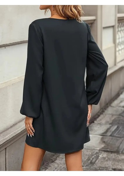 Kadın Uzun Kollu V Yakalı Kalp Desenli Mini Ithal Krep Elbise indirimleri