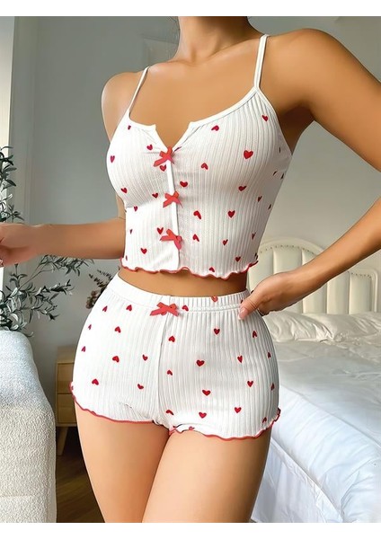 Beyaz Fiyonk Desenli Kalpli Askılı Şortlu Pijama Takım indirimleri