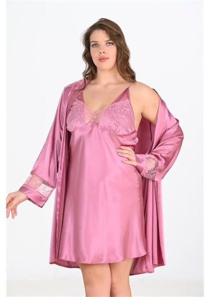 Büyük Beden 2li Gülkurusu Sabahlık Takımı Bigsize 6204