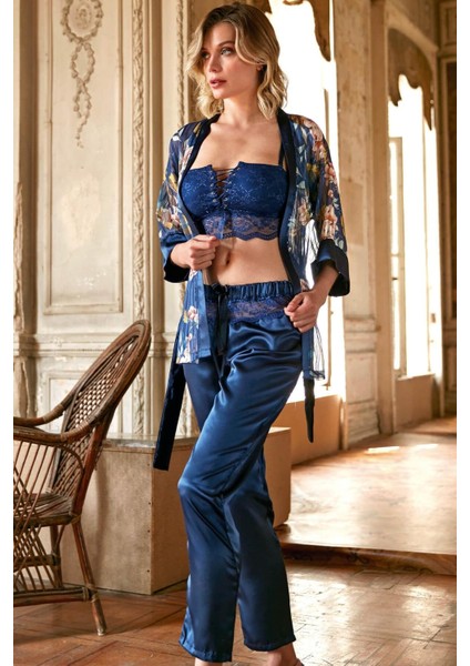 Tül Çiçek Baskılı Sabahlık Balensiz Desteksiz Dolgusuz Dantelli Büstiyer Sütyen ve Saten Pantolon Pijama 3'lü Takım fırsatları