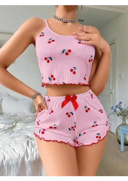 Pembe Kiraz Desenli Askılı Şortlu Pijama modelleri