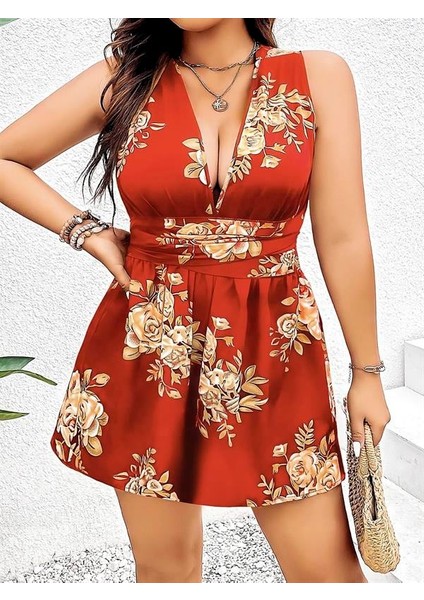 Büyük Beden Kahverengi Üstüne Çiçek Desenli Sırt Detaylı Elbise modelleri