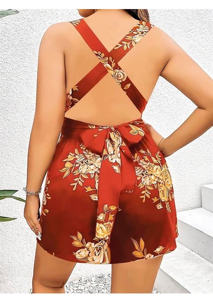 Büyük Beden Kahverengi Üstüne Çiçek Desenli Sırt Detaylı Elbise fırsatları