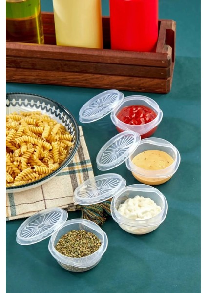 6 Lı Yelpaze Kapaklı Şeffaf Mini Sosluk- Ketçap Mayonez Kabı- Kahve Yanı Şeker Lokumluk modelleri
