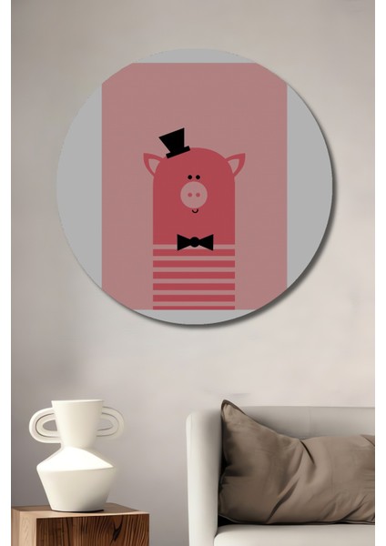 Dekoratif Ahşap Yuvarlak Tablo Pembe Domuz Şapka ve Papyon