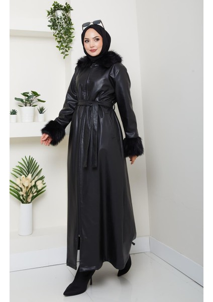 Kadın Kürk Detaylı Uzun Astarlı Siyah Kap