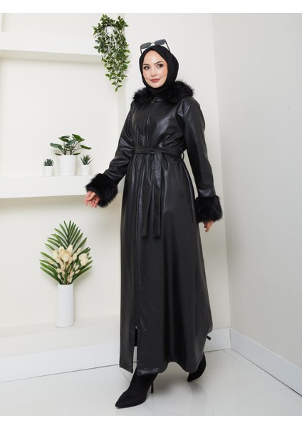 Kadın Kürk Detaylı Uzun Astarlı Siyah Kap fırsatları