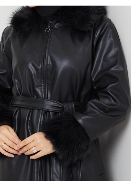 Kadın Kürk Detaylı Uzun Astarlı Siyah Kap indirimleri