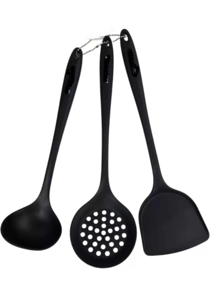 Yanmaz Yapışmaz Silikon Kaplama 3 Lü Mutfak Yemek Hazırlık Seti Kepçe Kevgir Spatula