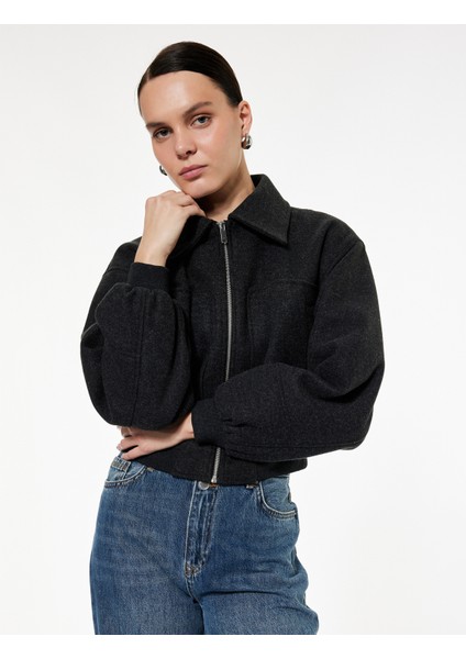 Fermuarlı Uzun Kollu Crop Bomber Kaşe Ceket