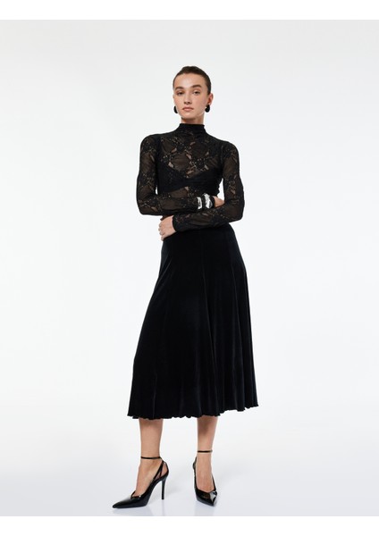 Kloş Kesim Simli Midi Kadife Etek