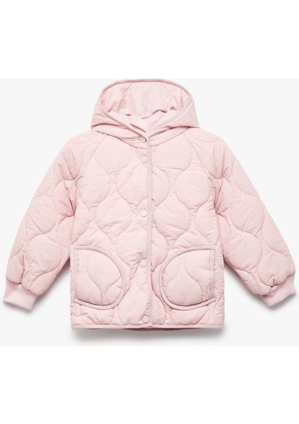 Uzun Kollu Düğmeli Kapşonlu Kapitone Mont