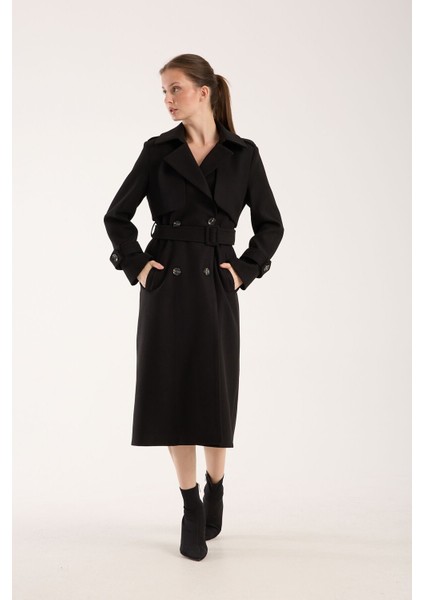 Trençkot Uzun Kaşe Kaban Siyah - 38