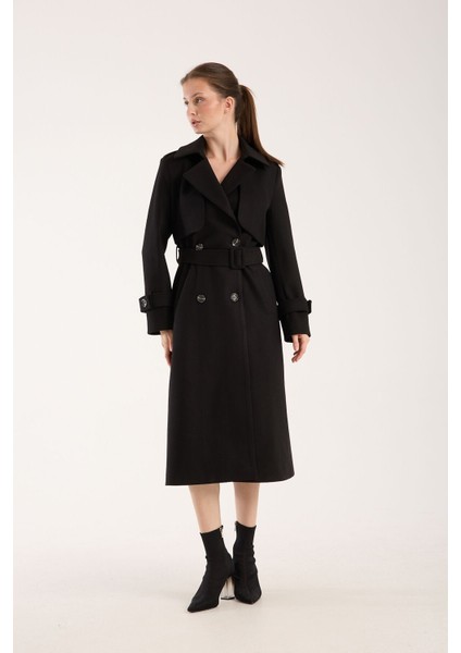 Trençkot Uzun Kaşe Kaban Siyah - 38 fiyatları