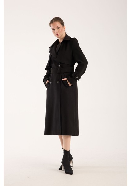 Trençkot Uzun Kaşe Kaban Siyah - 38 fırsatları