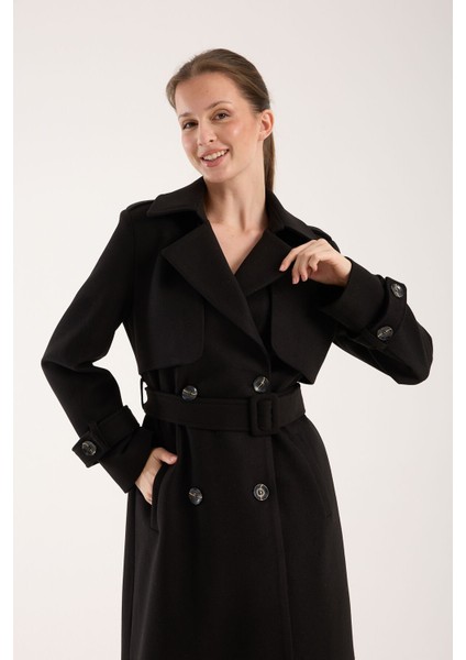 Trençkot Uzun Kaşe Kaban Siyah - 38 indirimleri