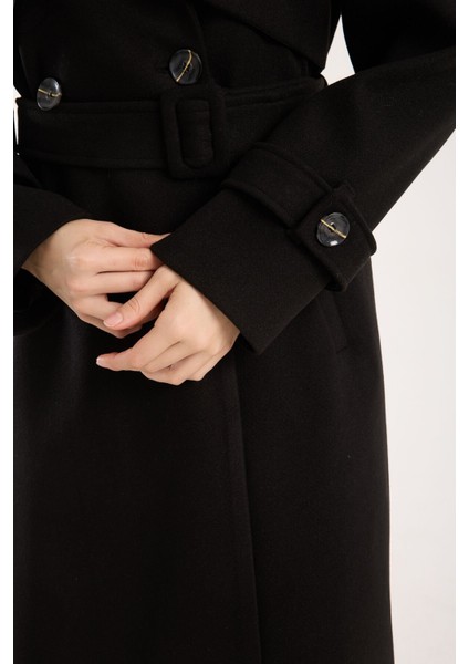 Trençkot Uzun Kaşe Kaban Siyah - 38