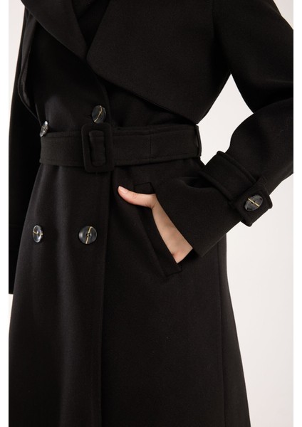 Trençkot Uzun Kaşe Kaban Siyah - 38