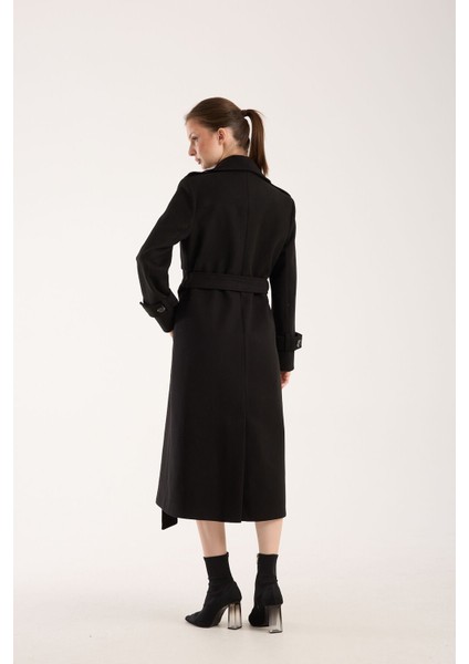 Trençkot Uzun Kaşe Kaban Siyah - 38
