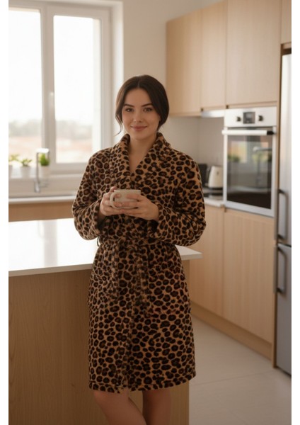Lumor Şal Yaka Wellsoft Peluş Yumuşak Sabahlık | Leopar L/XL