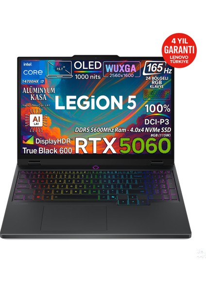 Legion 5 15IRX10 Intel Core İ7 14700HX 32GB 1TB SSD RTX5060 8GB (115W) OLED 15.1" WQXGA (2560X1600) 165Hz Freedos Taşınabilir Bilgisayar 83LY00KXTR
