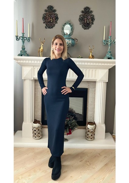 Lacivert Likralı Uzun Kollu Elbise fiyatları