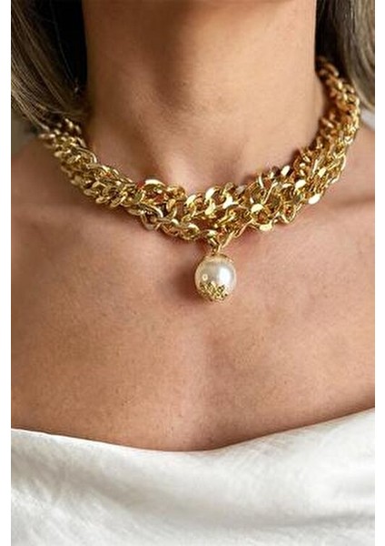 Büyük İnci Detaylı Üçlü Choker Kolye Metal Alaşım Gold Renk 35+5 cm Kadınlar İçin fiyatları