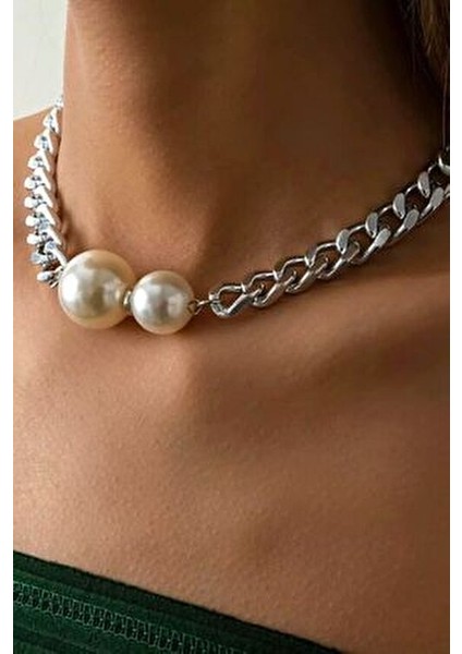 Çift İnci Detaylı Gümüş Zincir Choker Kolye 40 cm Kadınlar İçin Şık Tasarım modelleri