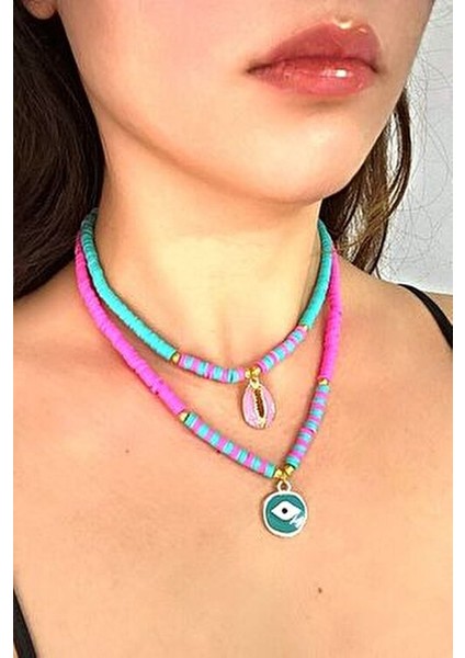 Kalp Midye Kolye Seti Kadınlar İçin 2 Li Fuşya Pembe Petrol Mavisi 45 cm modelleri