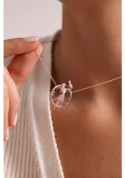 925 Ayar Gümüş Rose Kaplama Zirkon Taşlı Anne Bebek Kolye Tek Beden