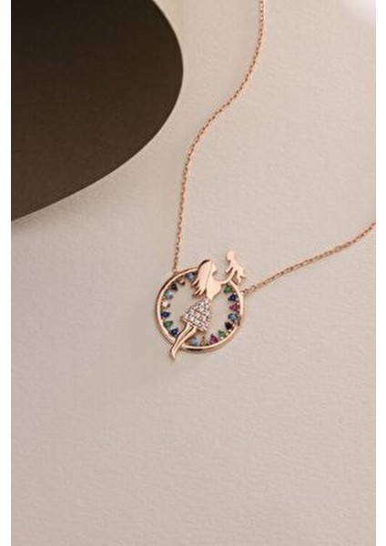 925 Ayar Gümüş Rose Kaplama Zirkon Taşlı Anne Bebek Kolye Tek Beden